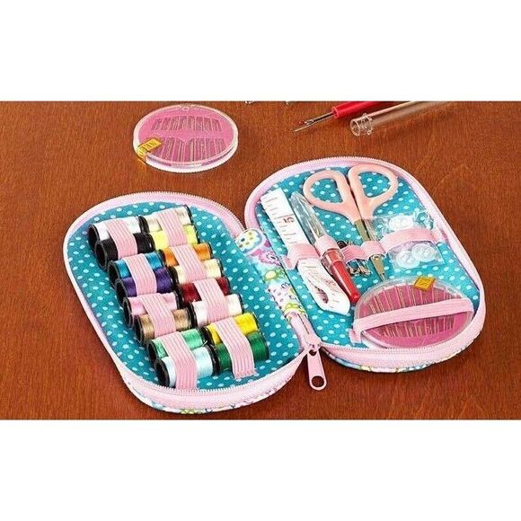 Sewing Kit Floral Medallions Zippered Pouch Thread Shears Buttons Blue Pink Gift - Picture 3 of 3